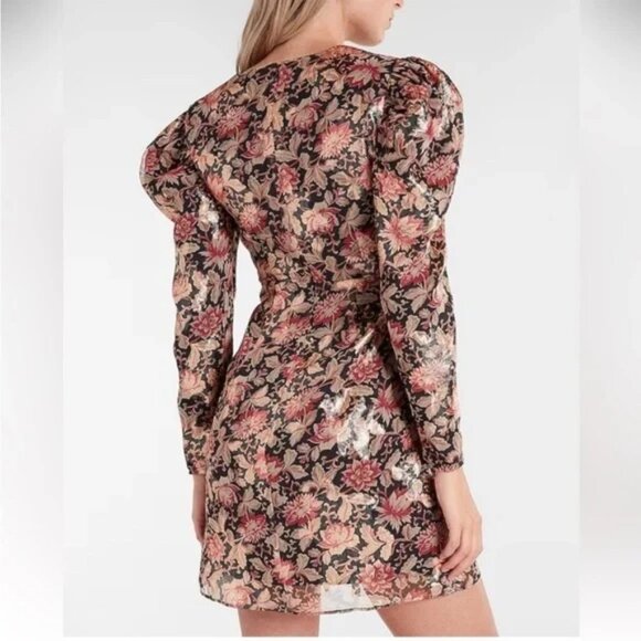 Express Floral Metallic Puff Sleeve Mini Dress XS - Picture 2 of 16
